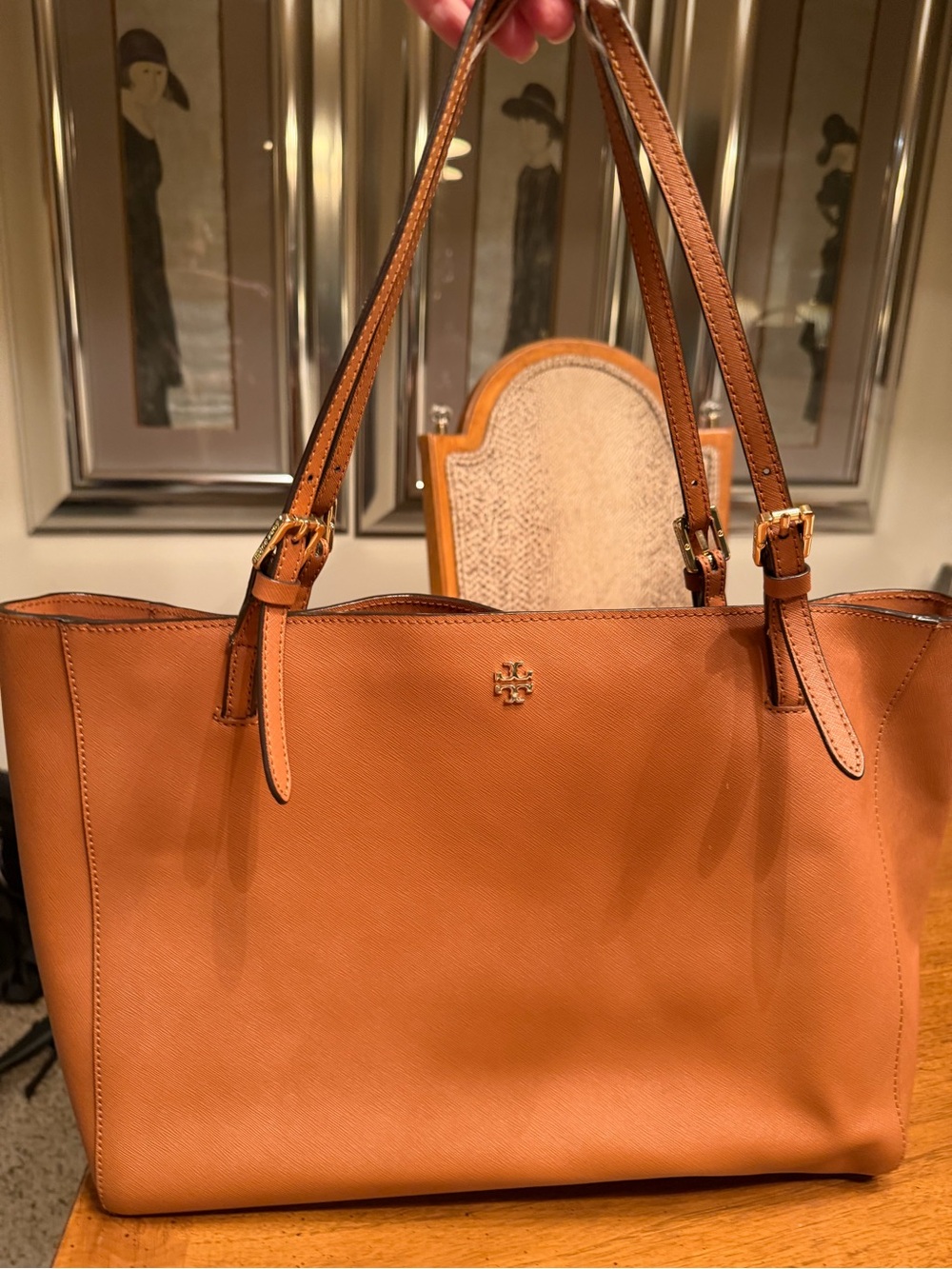 Tory Burch Cognac Leather Tote with Gold Logo